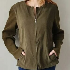 Khaki Green Faux Suede Zip Front Jacket with Cable Sweater Sleeves size 14P